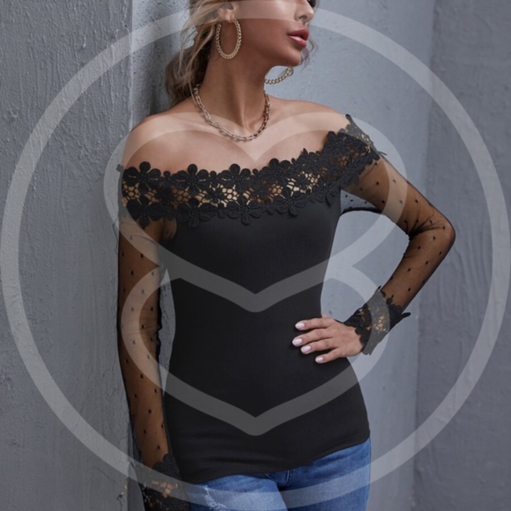 - black floral detail off shoulder long sleeve top - Picture 3 of 5